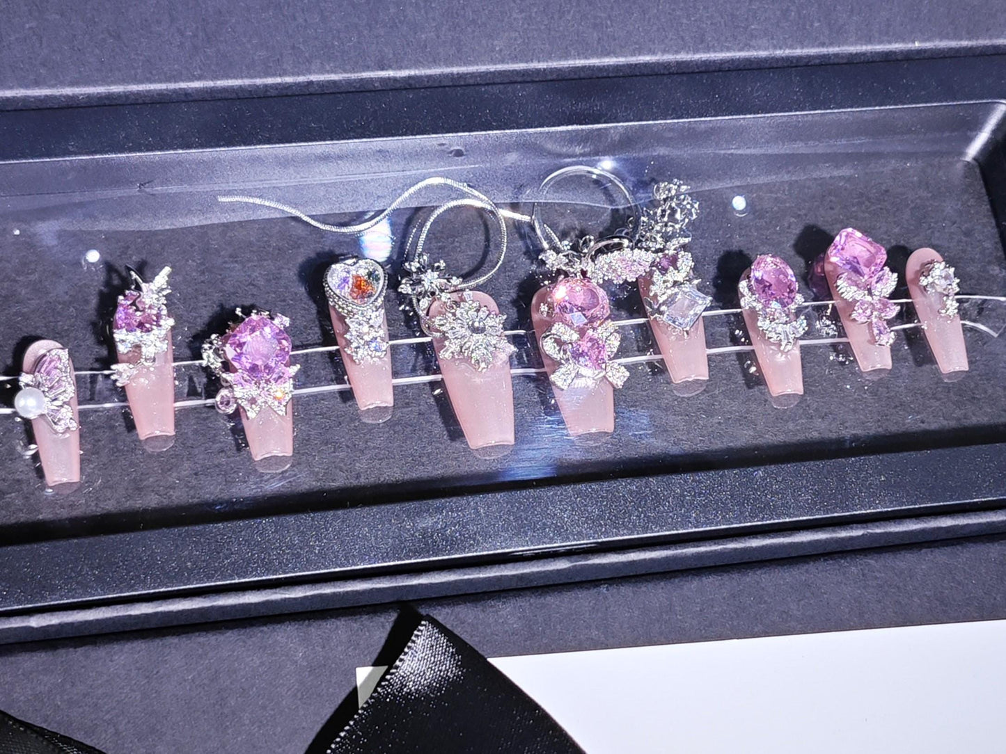 Celestial Pink Gemstone Press-On Nails – Nude and Silver 3D Bling Set with Crystals, Stars, Charms & Princess Core Sparkle