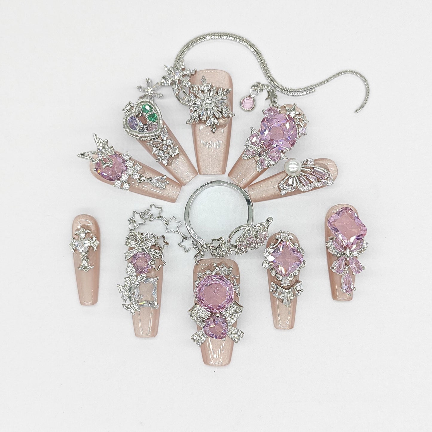 Celestial Pink Gemstone Press-On Nails – Nude and Silver 3D Bling Set with Crystals, Stars, Charms & Princess Core Sparkle