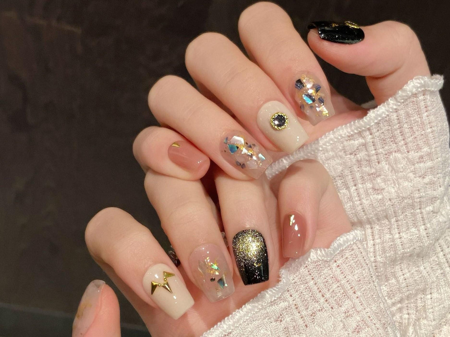 Neutral Black Gold Shard Press-On Nails – Iridescent Stone and Cosmic Accent Design