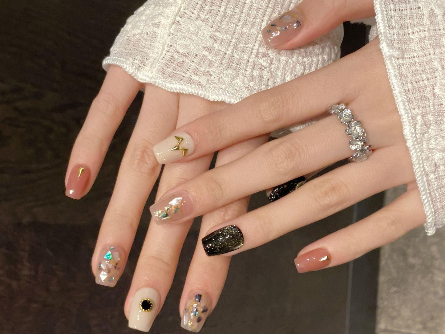 Neutral Black Gold Shard Press-On Nails – Iridescent Stone and Cosmic Accent Design
