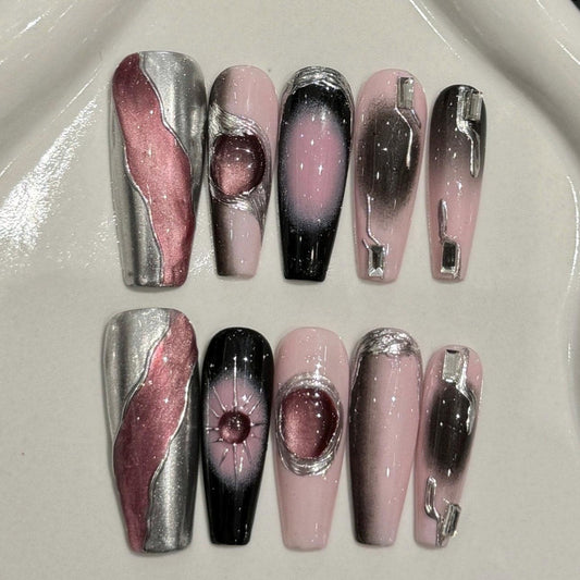 Futuristic Pink and Silver Press On Nails Galaxy Aura Chrome Nail Set 3D Metallic Texture Nails Edgy Handmade Nail Art Manicure glue on nail