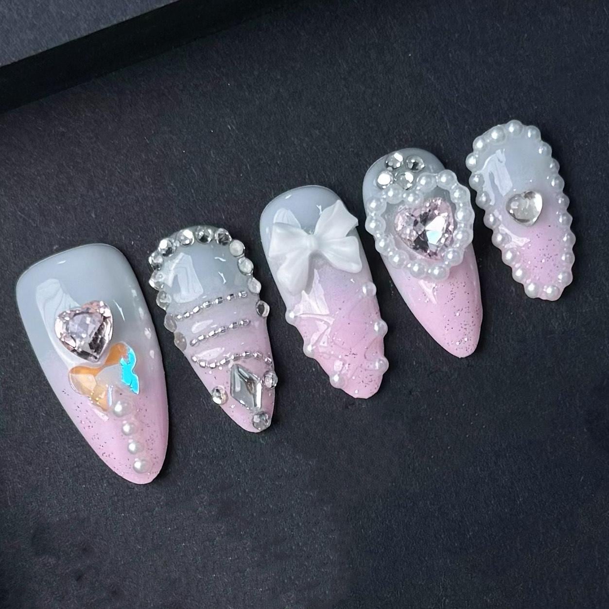 Luxury Pearl Bow Heart Press On Nail Pink Glitter Ombre Rhinestone 3D Elegant Set Manicure glue on artificial fake faux reusable trendy nail