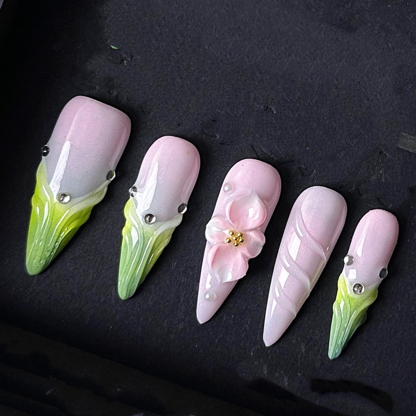 Pastel Pink and Green Press On Nails 3D Flower Art Spring Garden Ombre Stiletto Manicure glue on artificial fake faux reusable trendy nail