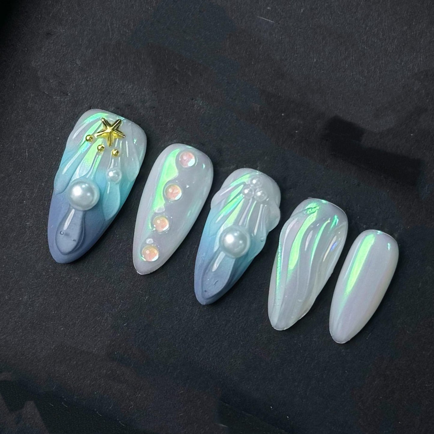 Iridescent Seashell Mermaid Press On Nails with Pearls and Star Charms Artificial reusable fake glue on faux manicure nails trendy art