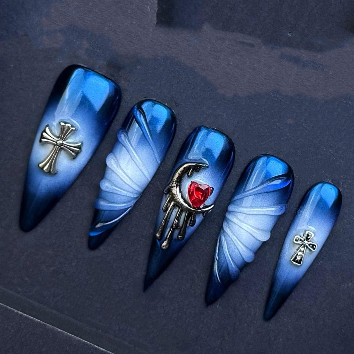 Gothic Midnight Cross and Moon Press On Nails with Red Heart Gem Artificial reusable fake glue on faux manicure nails trendy art