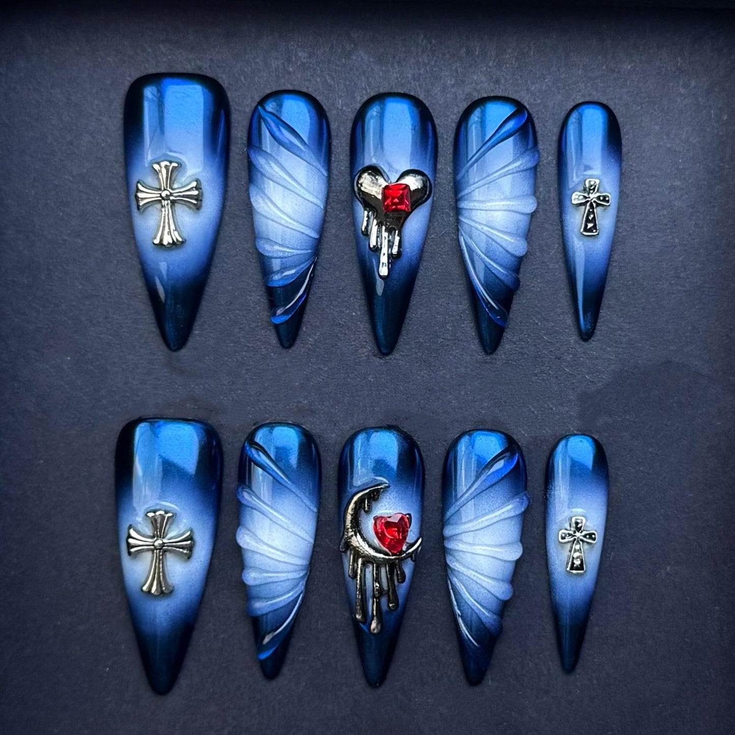 Gothic Midnight Cross and Moon Press On Nails with Red Heart Gem Artificial reusable fake glue on faux manicure nails trendy art