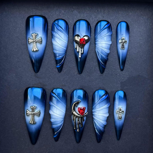 Gothic Midnight Cross and Moon Press On Nails with Red Heart Gem Artificial reusable fake glue on faux manicure nails trendy art
