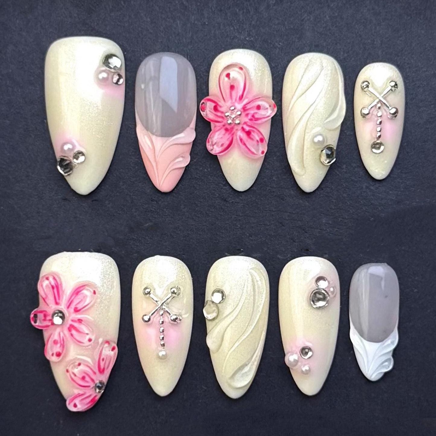 Pearl Shimmer Floral Press On Nails with Rhinestones and Pink Accents Artificial reusable fake glue on faux manicure nails trendy art