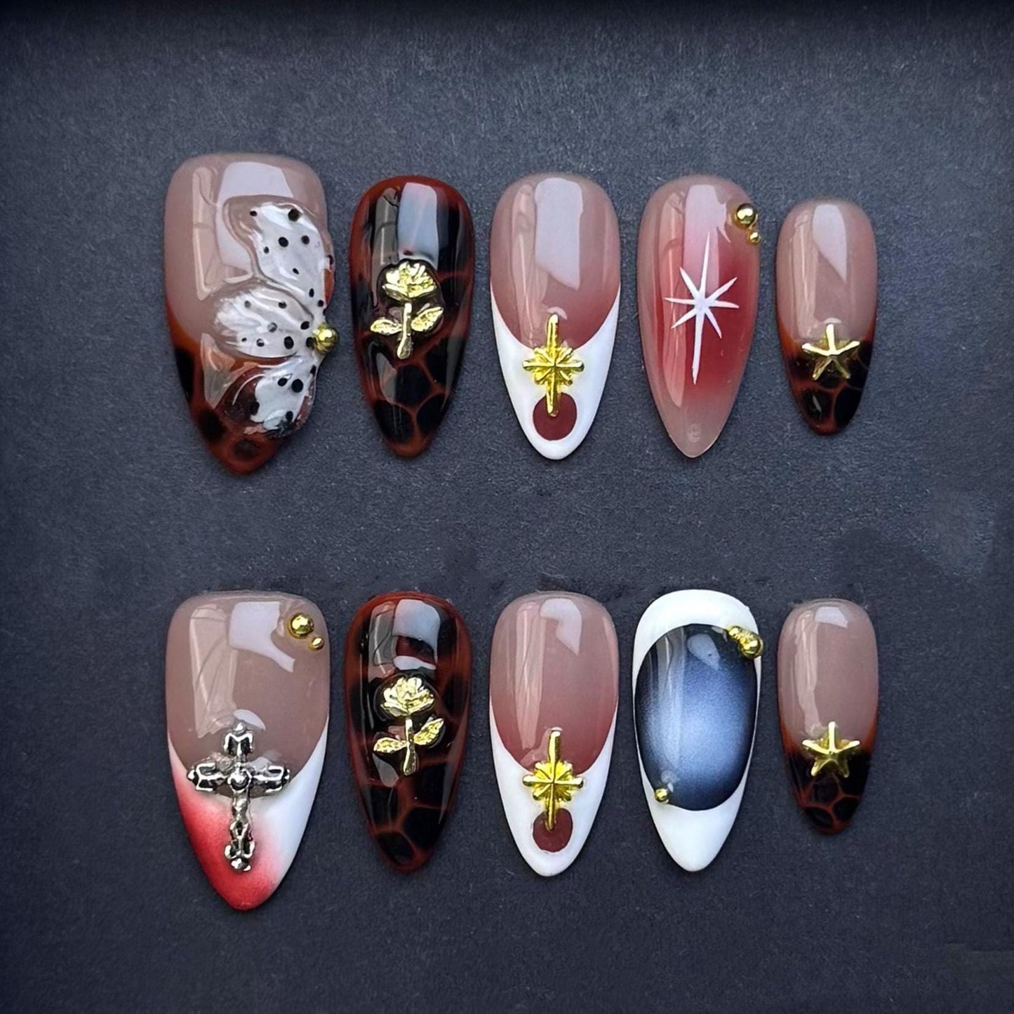 Gothic Rose and Cross Press On Nails with Tortoiseshell and Gold Accents Artificial reusable fake glue on faux manicure nails trendy art