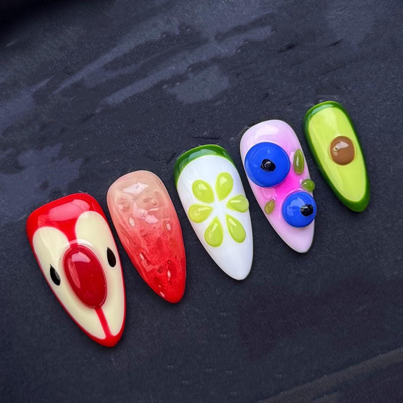 Colorful Fruit Salad Press On Nails with 3D Fruit Art and Glossy Finish Artificial reusable fake glue on faux manicure nails trendy art