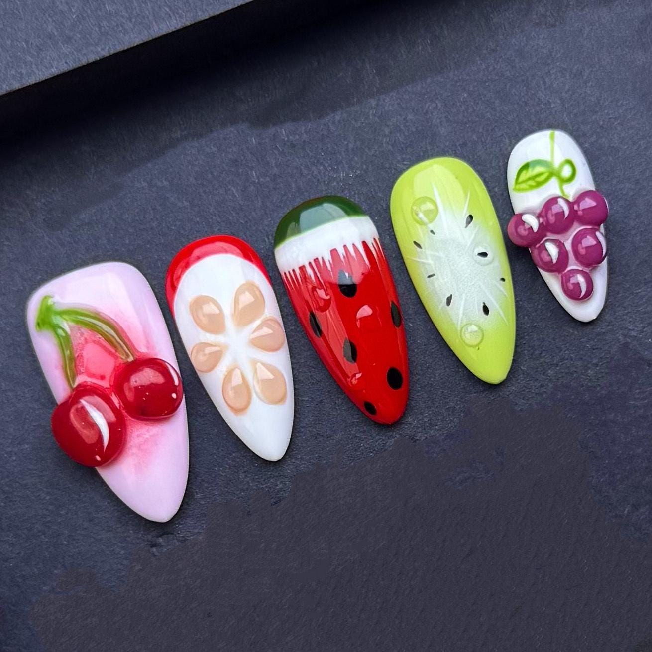 Colorful Fruit Salad Press On Nails with 3D Fruit Art and Glossy Finish Artificial reusable fake glue on faux manicure nails trendy art