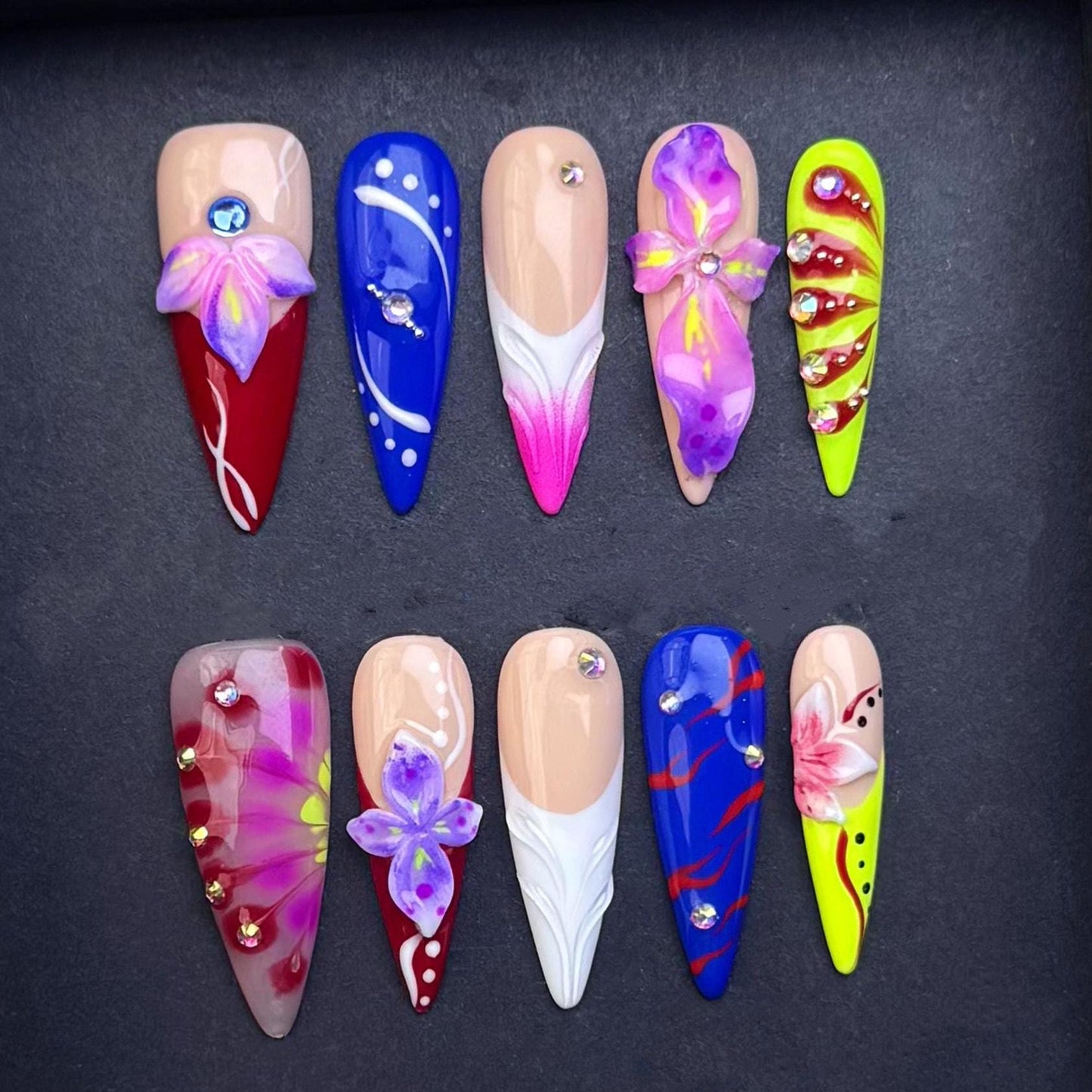 Bright Floral Stiletto Press On Nails with Rhinestones and Color Pop Design Artificial reusable fake glue on faux manicure nails trendy art