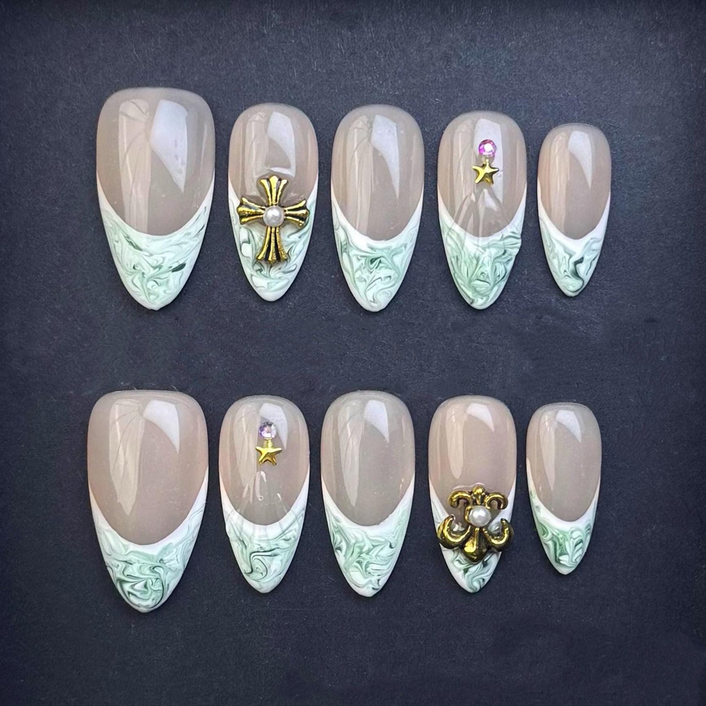 Sage Marble French Tip Press On Nails with Gold Charms and Nude Base