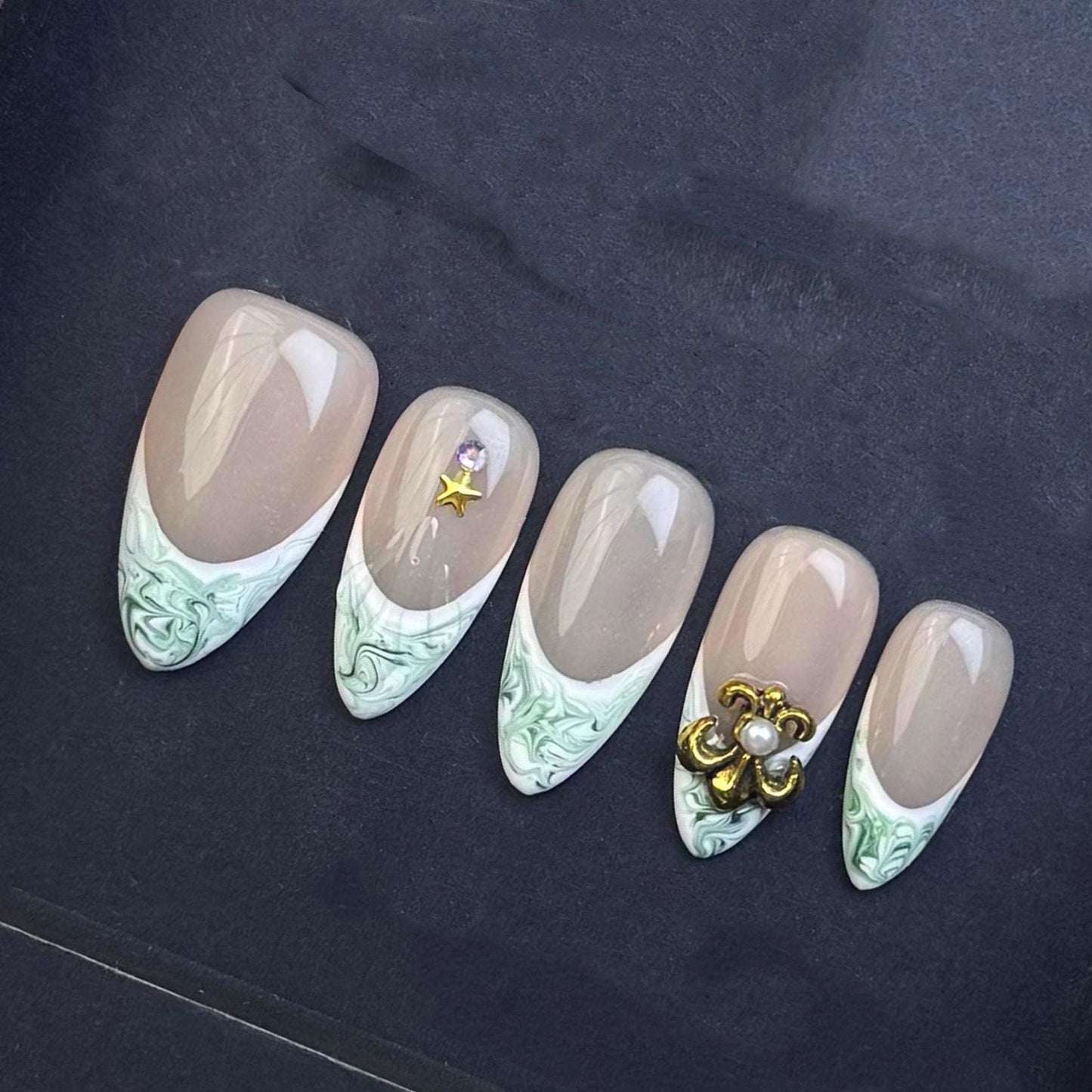 Sage Marble French Tip Press On Nails with Gold Charms and Nude Base