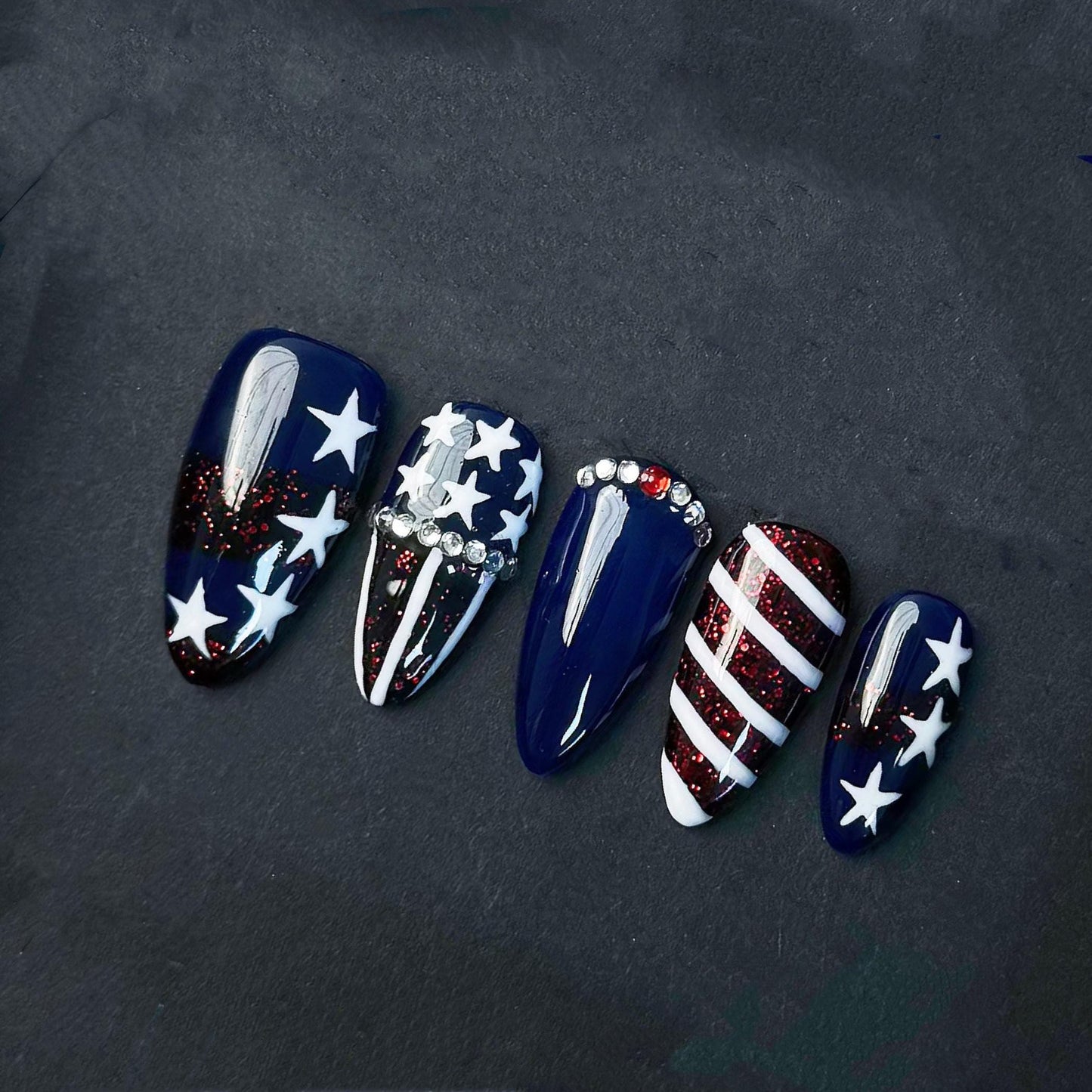 Patriotic Red White and Blue Press On Nails With Stars and Glitter Manicure glue on artificial fake faux reusable trendy nail
