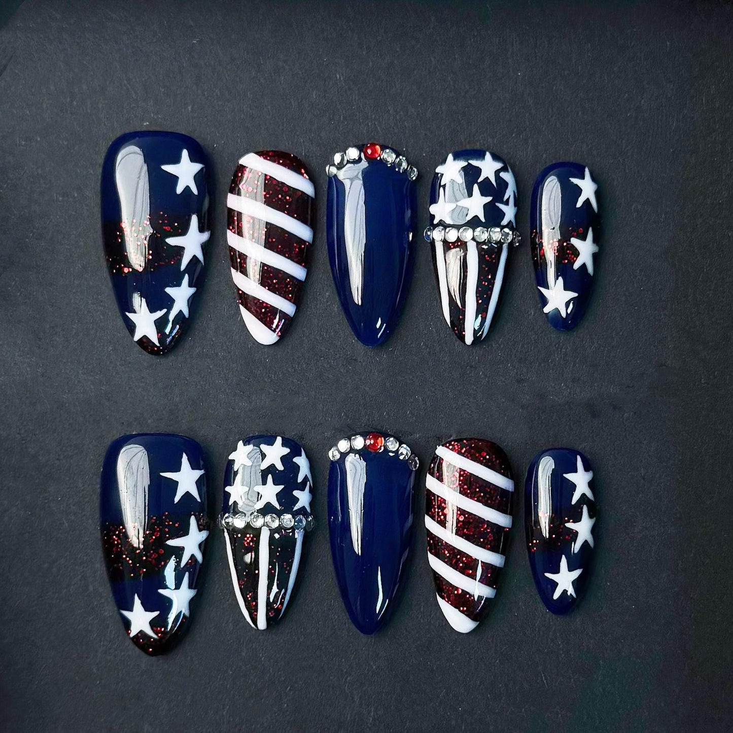 Patriotic Red White and Blue Press On Nails With Stars and Glitter Manicure glue on artificial fake faux reusable trendy nail