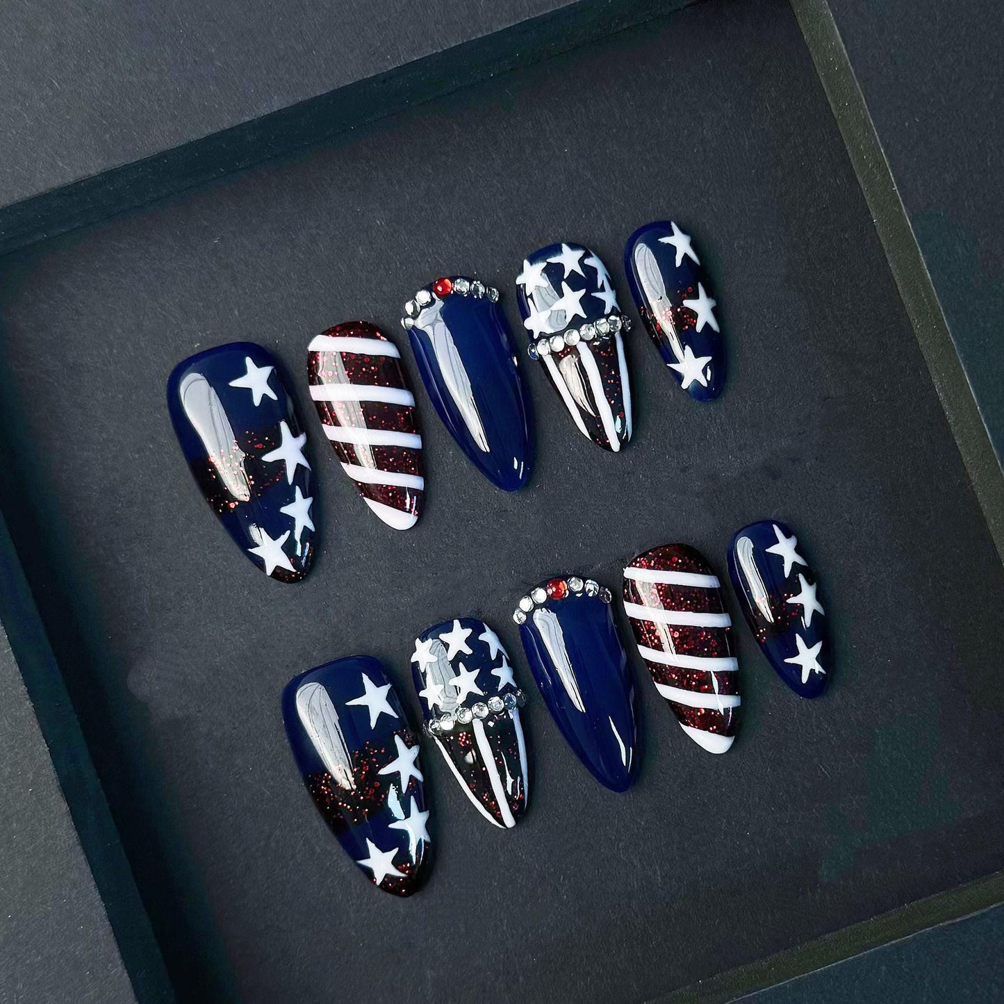 Patriotic Red White and Blue Press On Nails With Stars and Glitter Manicure glue on artificial fake faux reusable trendy nail