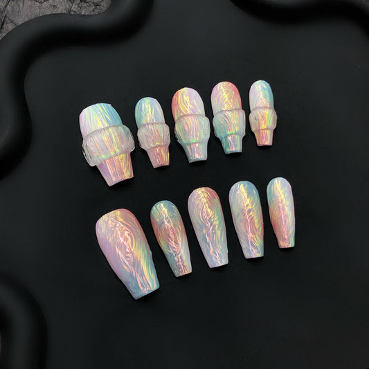Press on nails hand painted 3D iridescent holograph chrome pastel medium square designer nail art elegant manicure fake faux glue artificial