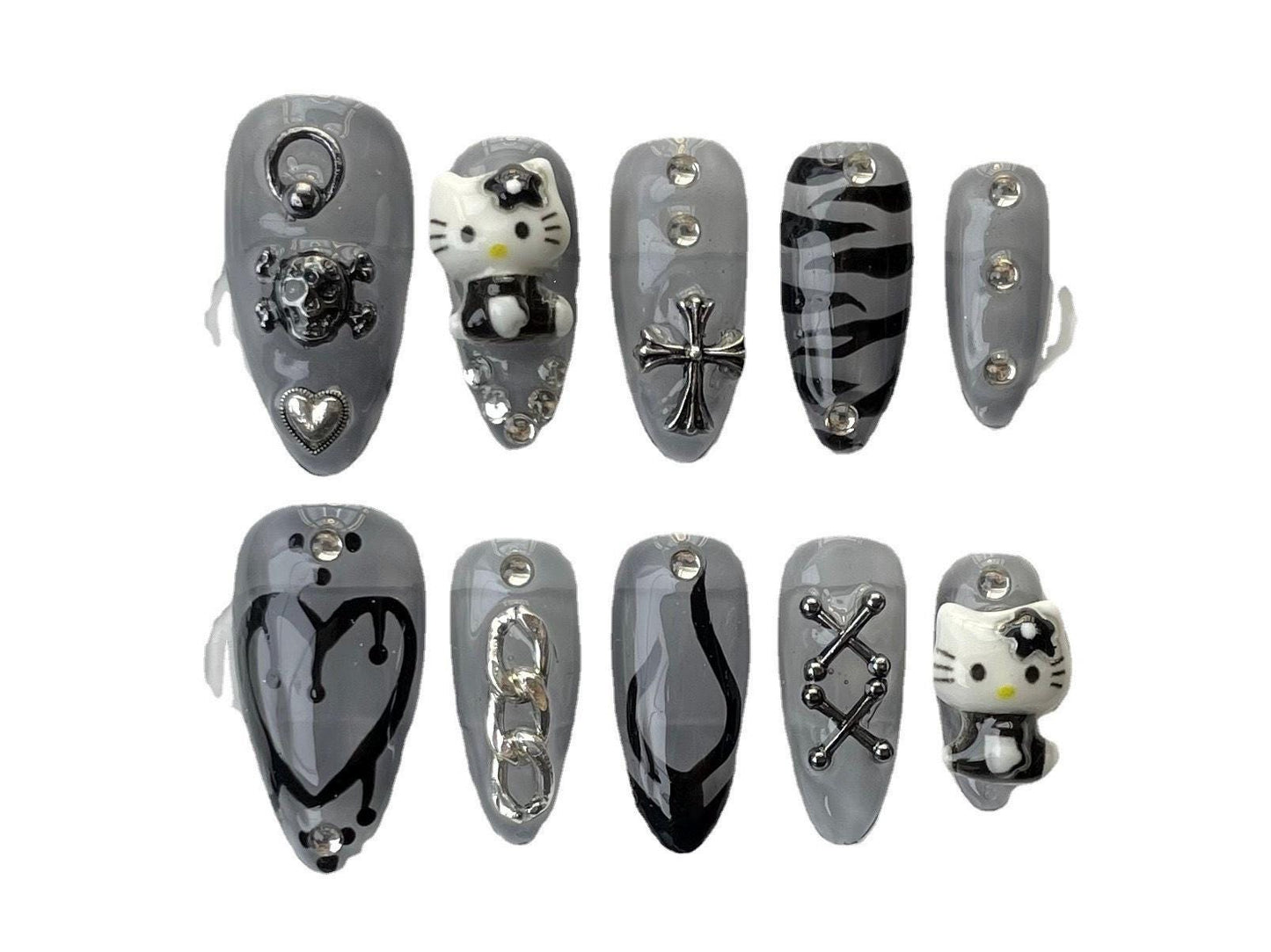 gothic kitty nails press on glue on artificial 3d edgy design grey black chrome skull cross charm zebra print alt aesthetic y2k punk kawaii