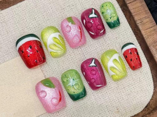 press on nail fruit summer art watermelon kiwi strawberry 3d glitter juicy colorful fun fruity vibes manicure glue on kawaii fruit nails art