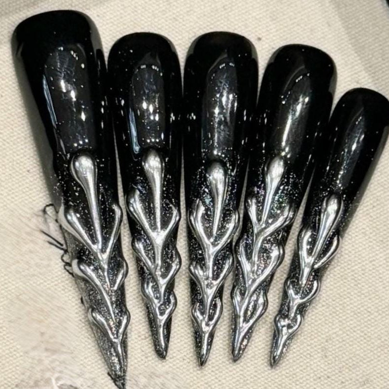 long stiletto dark silver tree press on nail metallic flame gothic glam chrome 3d art edgy silver glitter dark fierce punk rock showstopper