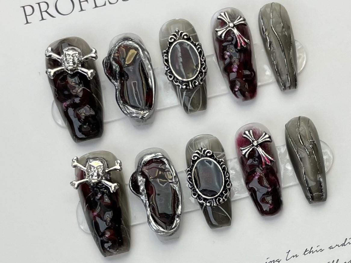 gothic press on nails dark glam skull nail charms baroque art blood red black vintage goth 3d horror halloween grunge aesthetic manicure