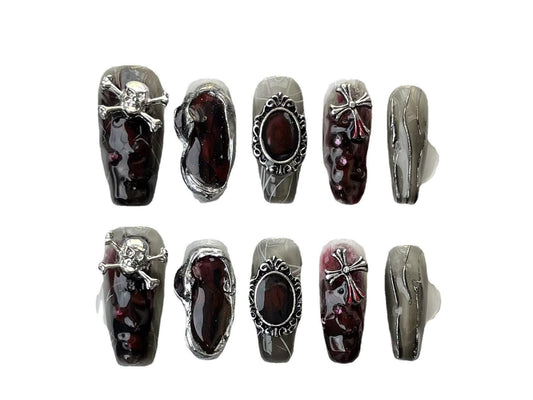 gothic press on nails dark glam skull nail charms baroque art blood red black vintage goth 3d horror halloween grunge aesthetic manicure