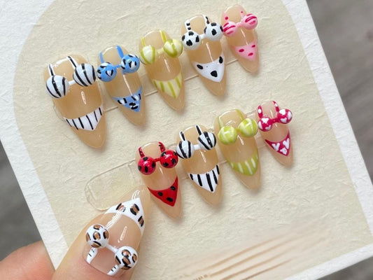 press on nails bikini summer beach swimsuit cute quirky vacation tropical swimming playful bikini top charms 3d pool side sassy cups bottoms