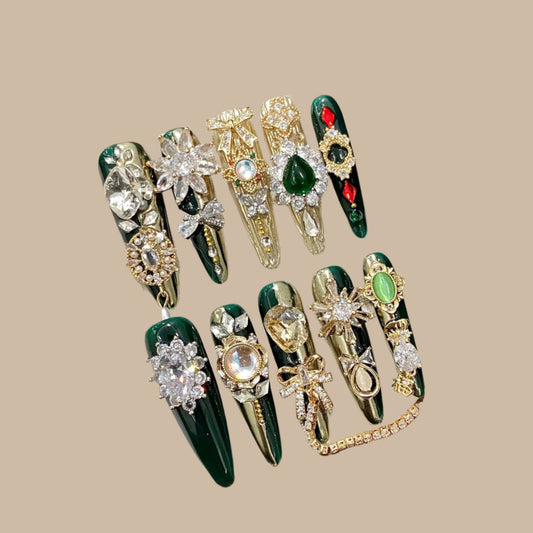 Emerald Gold Luxe Stiletto Press-On Nails | 3D Gemstone & Charm Nails | Holiday Glam Nail Set | Reusable Statement Nails