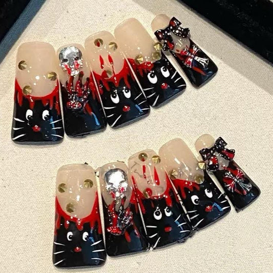 press on nails glue on black cat red drip halloween kawaii cat spooky cute 3d bow cartoon goth creepy quirky horror cute nails artificial