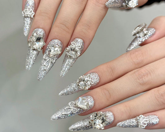 Diamond Sparkle Press-On Nails | 3D Crystal Butterfly & Bow Nail Set | Full Glitter Glam | Reusable Luxury Nails