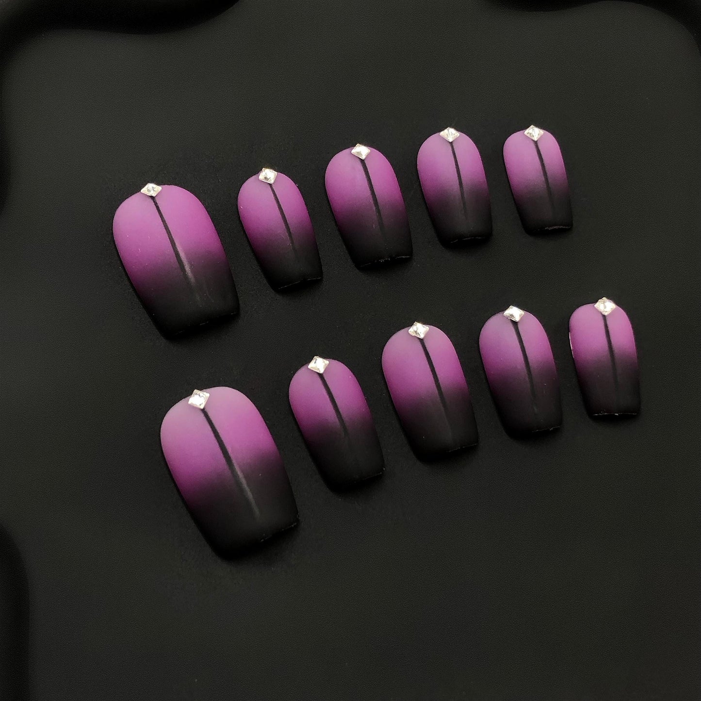 Matte Purple Ombre Press On Nails Short Square with Rhinestone Accent & Black Line Detail classy nails gradient nails chic nails formal nail