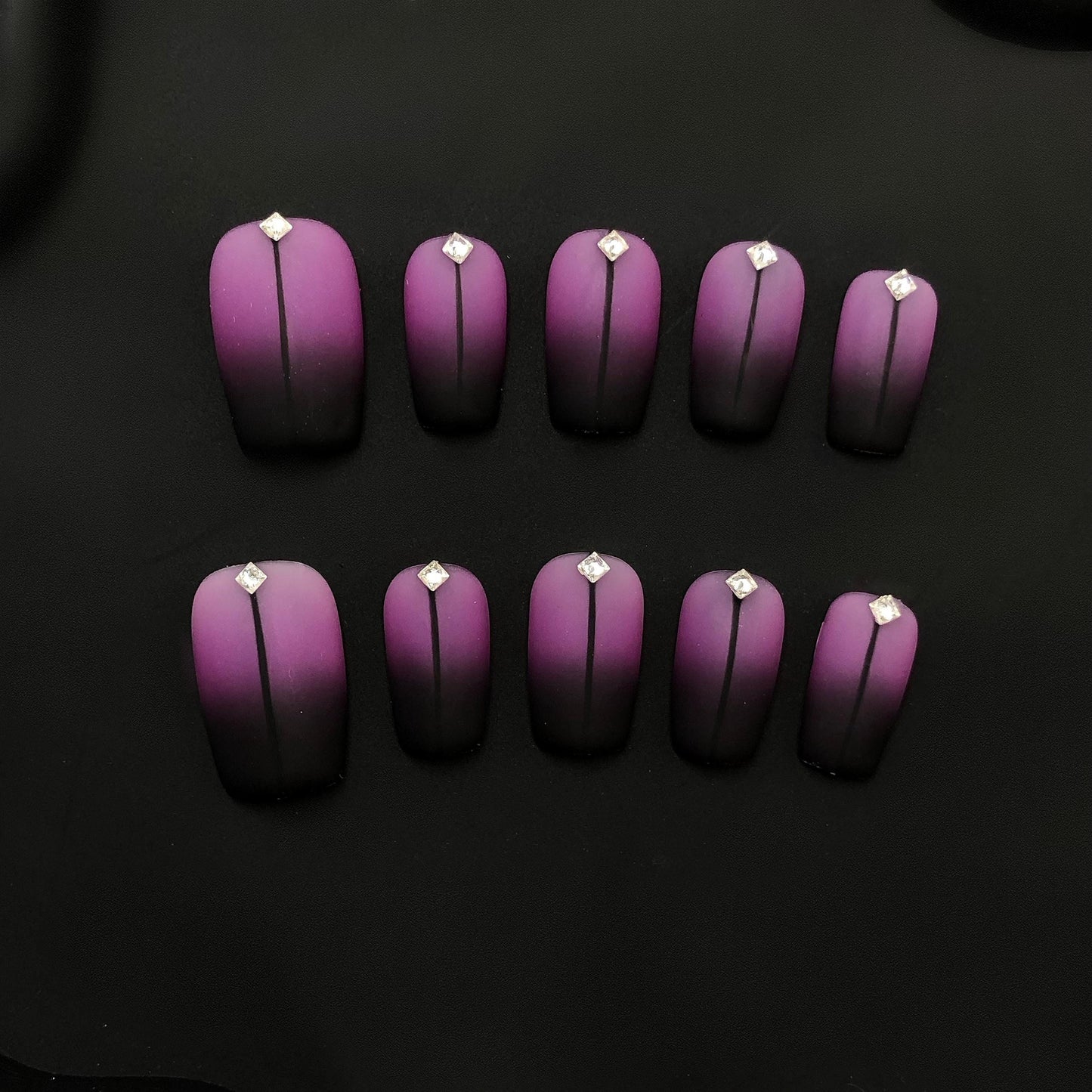 Matte Purple Ombre Press On Nails Short Square with Rhinestone Accent & Black Line Detail classy nails gradient nails chic nails formal nail
