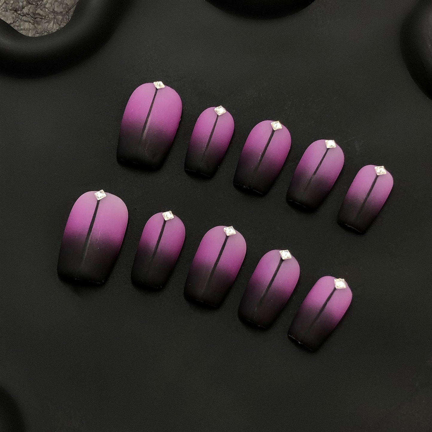 Matte Purple Ombre Press On Nails Short Square with Rhinestone Accent & Black Line Detail classy nails gradient nails chic nails formal nail
