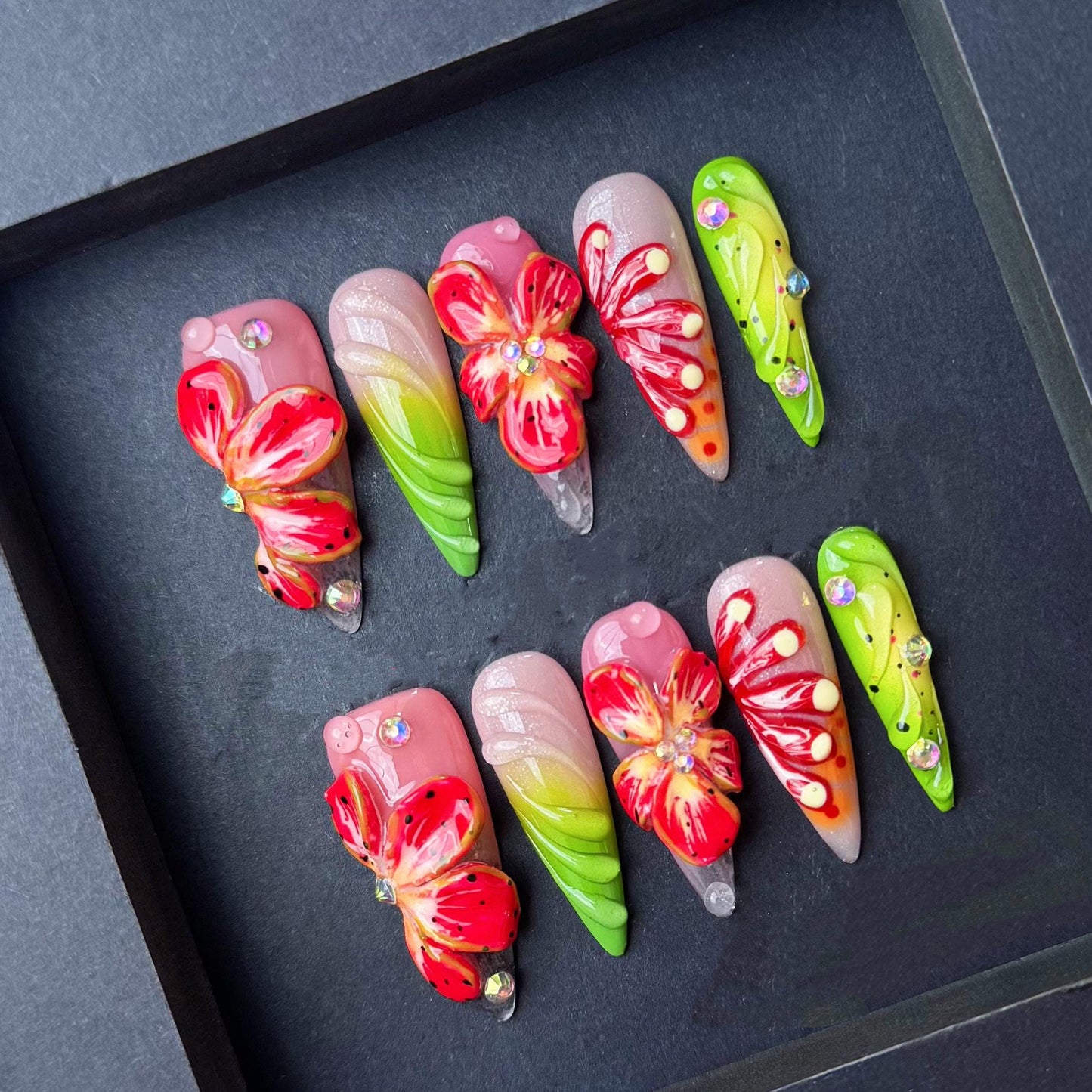 Tropical Flame Orchid Press On Nails Manicure press on artificial glue on faux reusable trendy nail
