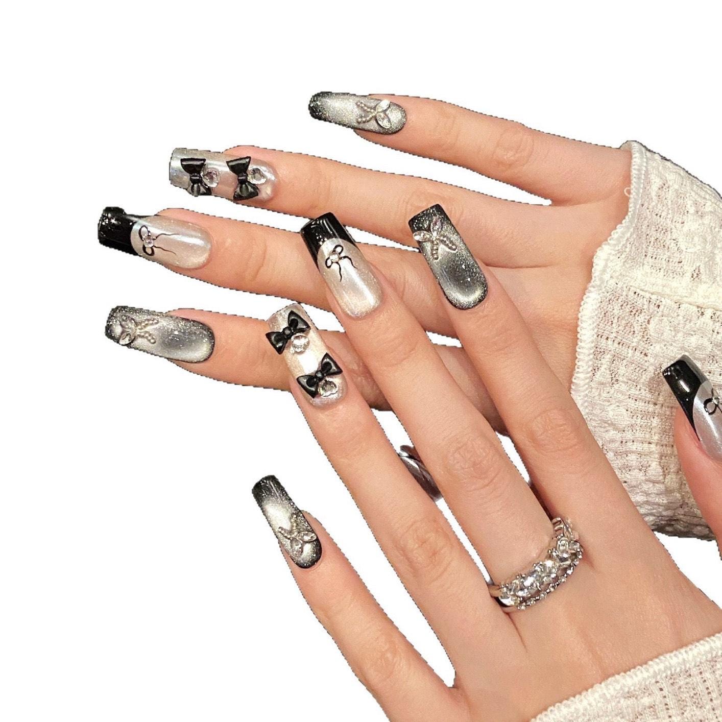 Black & Silver Glitter French Press On Nails 3D Bow and Pearl Accent chic nails formal nails handmade nails crystal accent nails luxury nail
