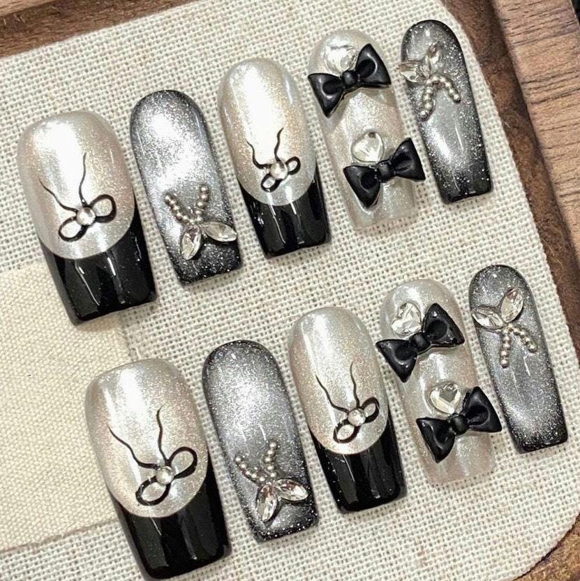 Black & Silver Glitter French Press On Nails 3D Bow and Pearl Accent chic nails formal nails handmade nails crystal accent nails luxury nail