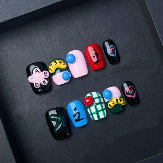 Retro School Doodle Press On Nails Manicure press on artificial glue on faux reusable trendy nail