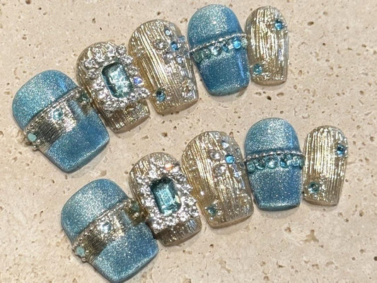 Glam Gold and Blue Press On Nails with Rhinestone Bands and Gem Accents Manicure glue on artificial fake faux reusable trendy metallic nail