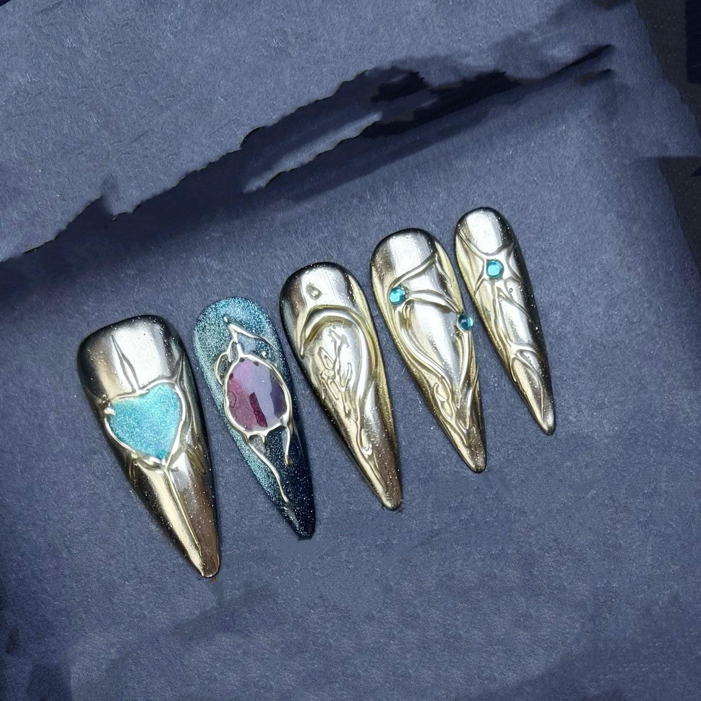 Gold Chrome Fantasy Press On Nails with Gemstone and Metallic Accents Manicure press on artificial glue on faux reusable trendy nail