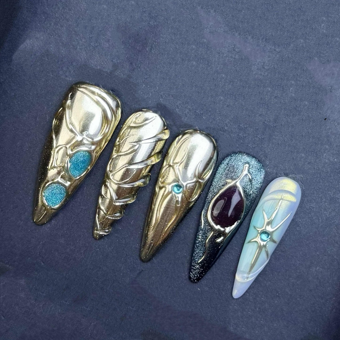 Gold Chrome Fantasy Press On Nails with Gemstone and Metallic Accents Manicure press on artificial glue on faux reusable trendy nail