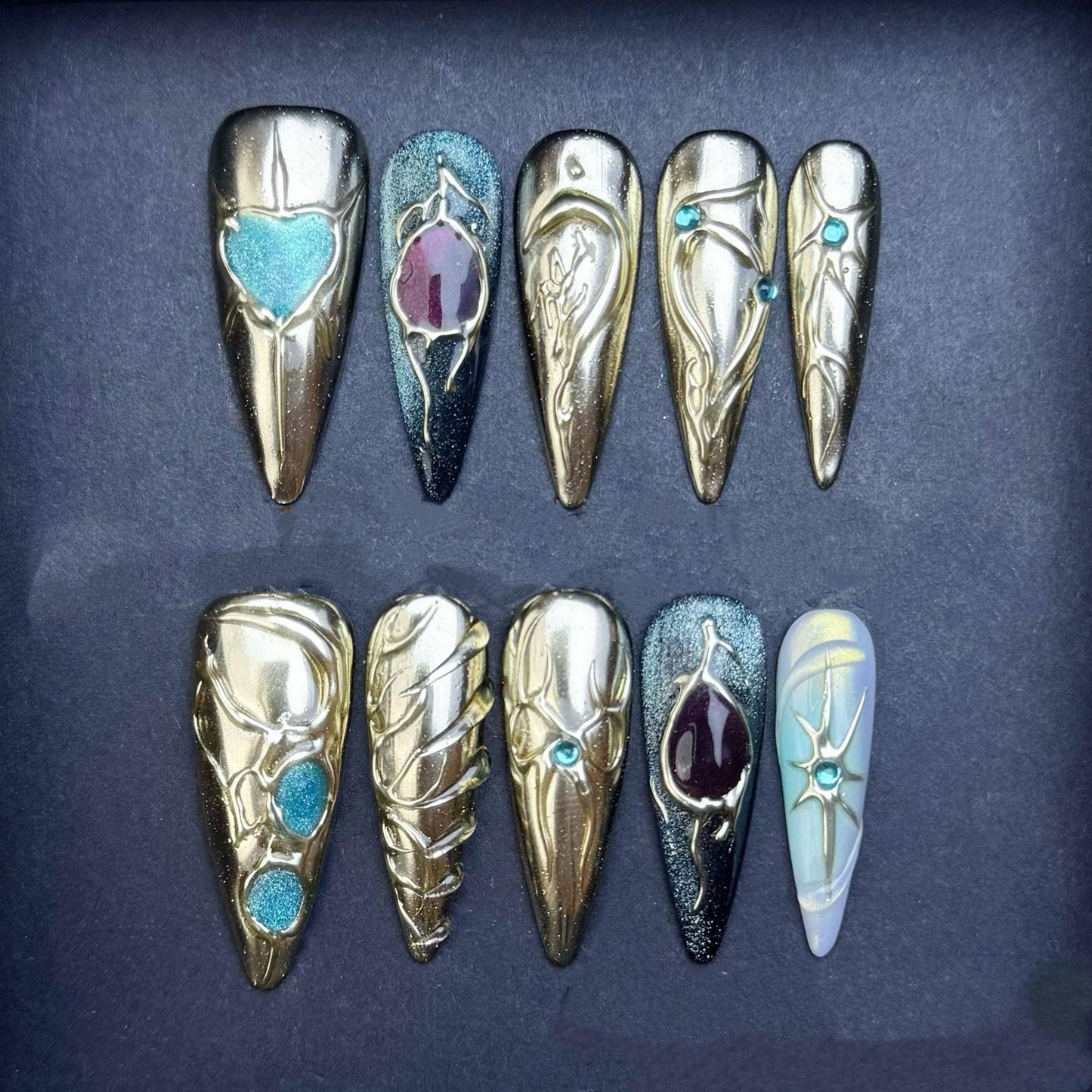Gold Chrome Fantasy Press On Nails with Gemstone and Metallic Accents Manicure press on artificial glue on faux reusable trendy nail