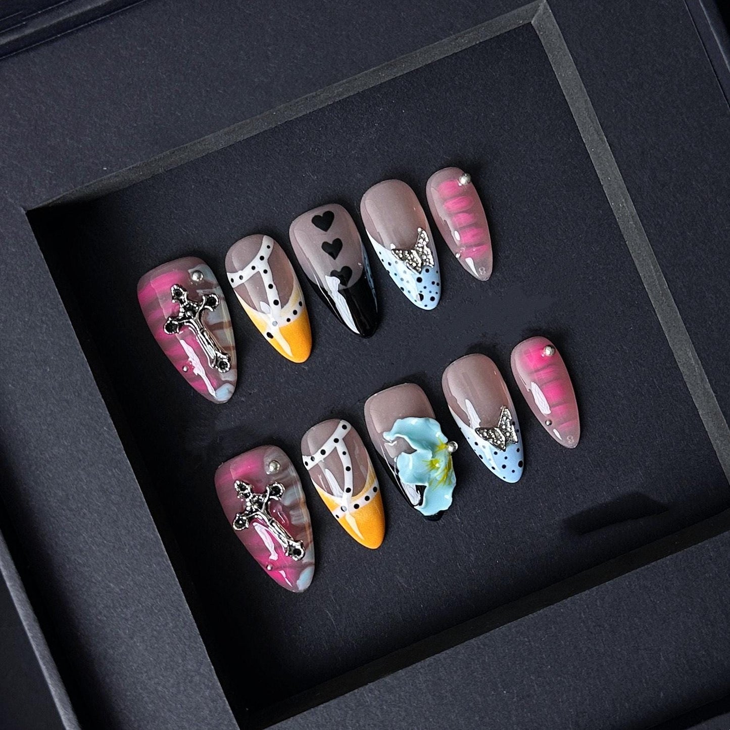 Mixed Design Press On Nails with Cross Hearts Butterfly and 3D Flower Charms Manicure press on artificial glue on faux reusable trendy nail