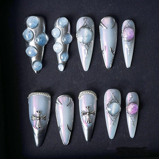 Galaxy Pearl Chrome Press On Nails with Iridescent Orb Accents Manicure press on artificial glue on faux reusable trendy nail