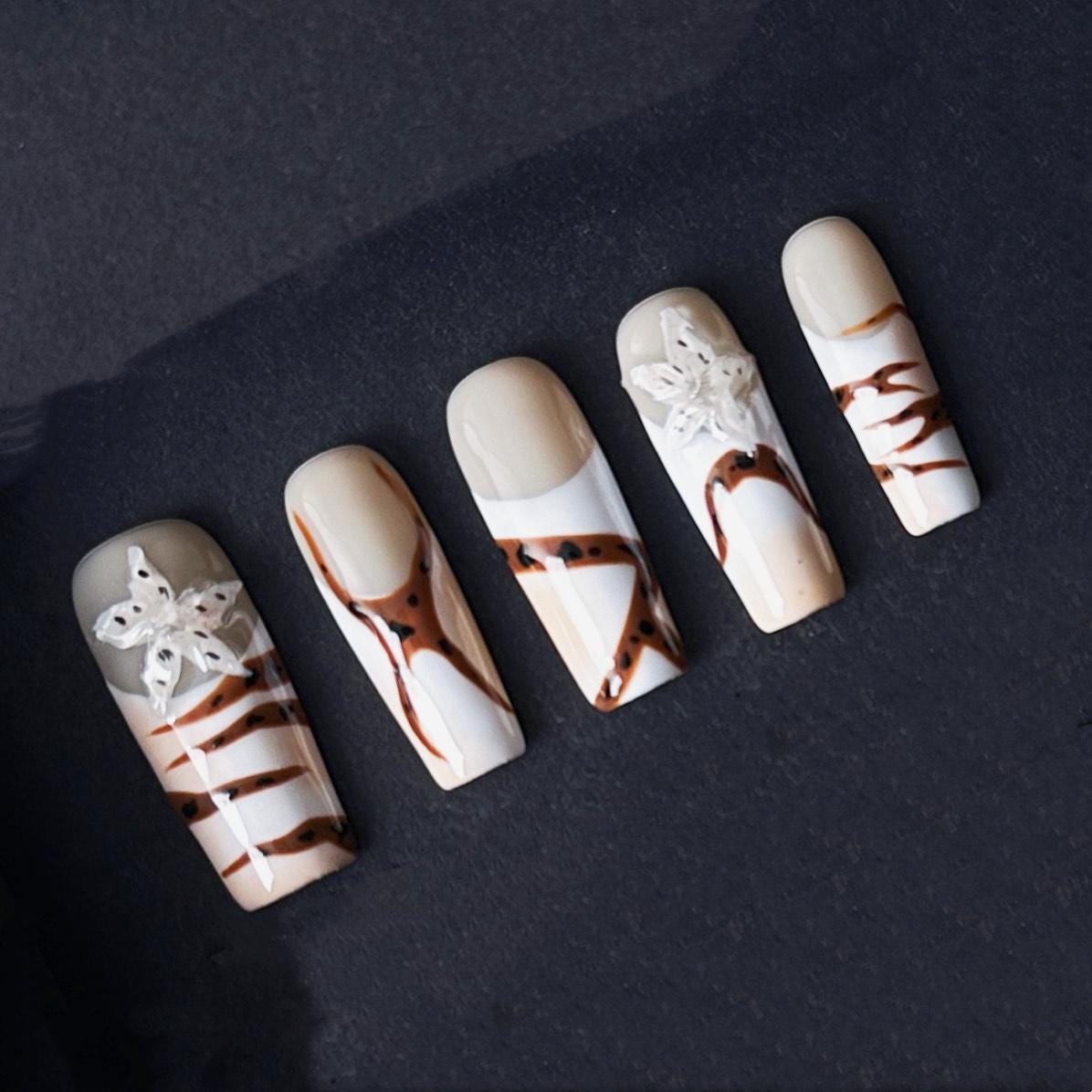 Neutral Animal Print Press On Nails with Leopard Bow and Striped Accents Neutral Animal Print Press On Nails Leopard Bow and Striped Accents