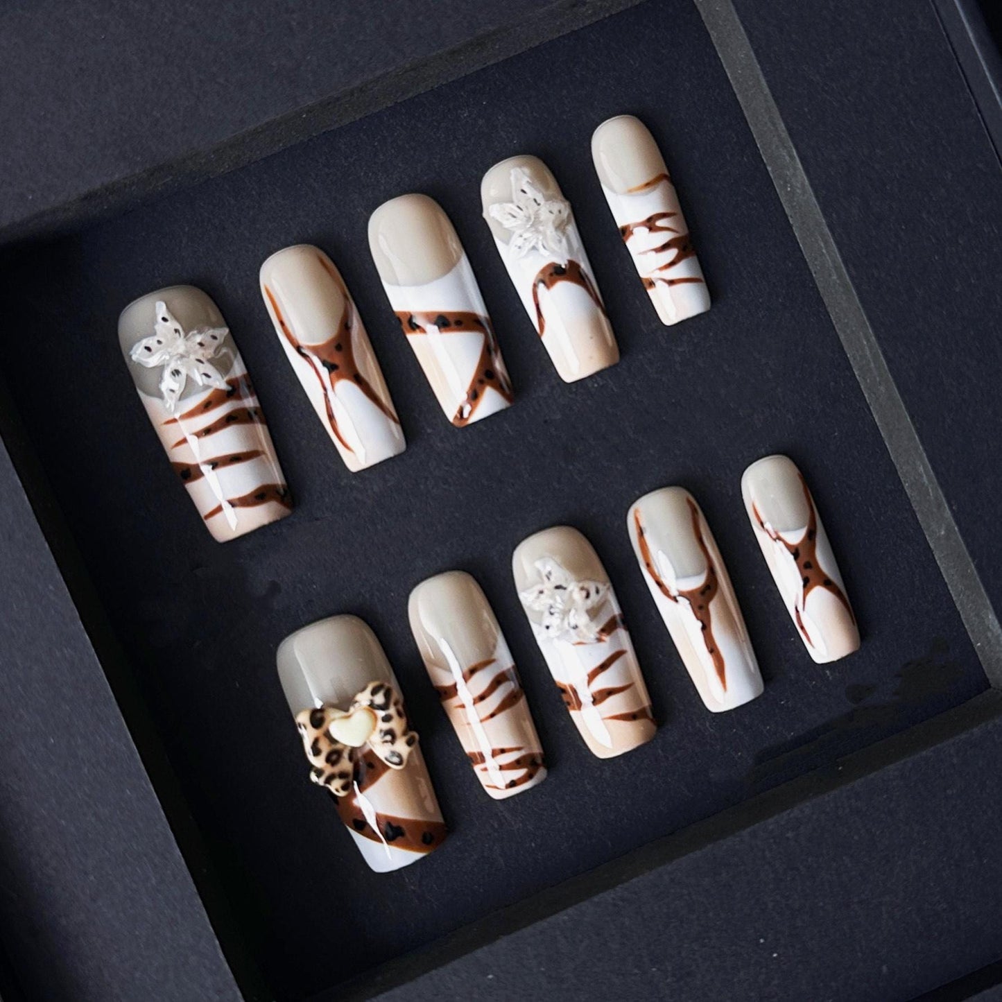 Neutral Animal Print Press On Nails with Leopard Bow and Striped Accents Neutral Animal Print Press On Nails Leopard Bow and Striped Accents