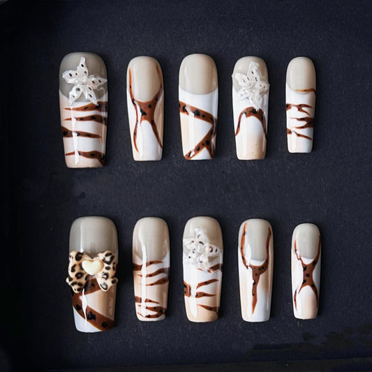 Neutral Animal Print Press On Nails with Leopard Bow and Striped Accents Neutral Animal Print Press On Nails Leopard Bow and Striped Accents
