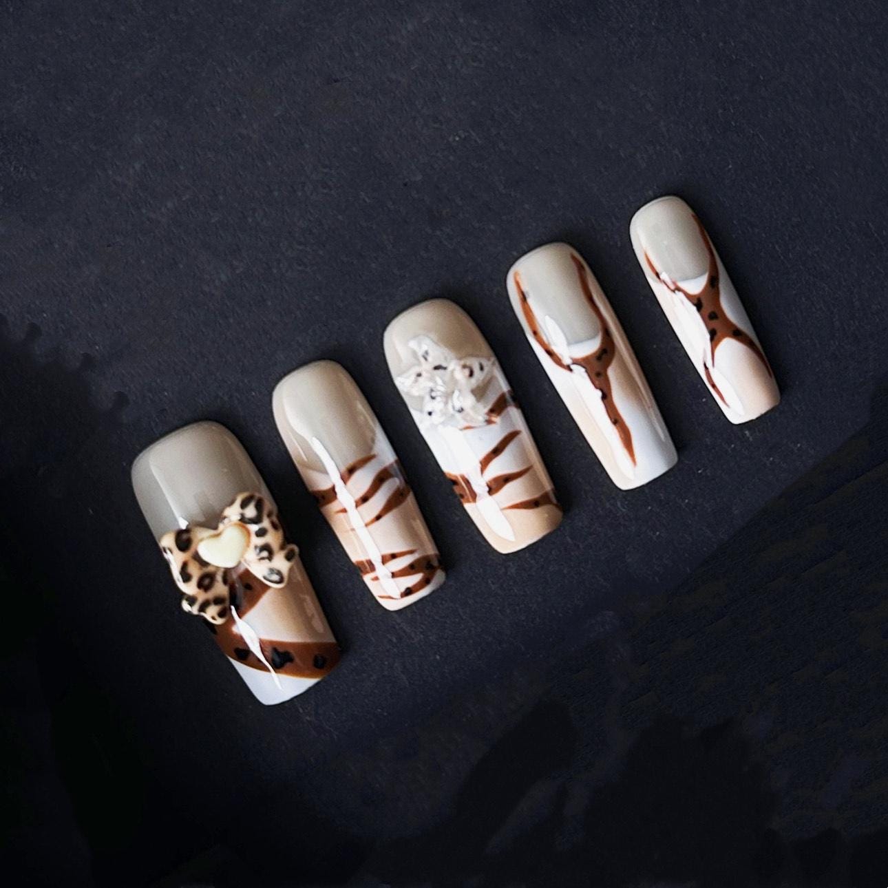 Neutral Animal Print Press On Nails with Leopard Bow and Striped Accents Neutral Animal Print Press On Nails Leopard Bow and Striped Accents