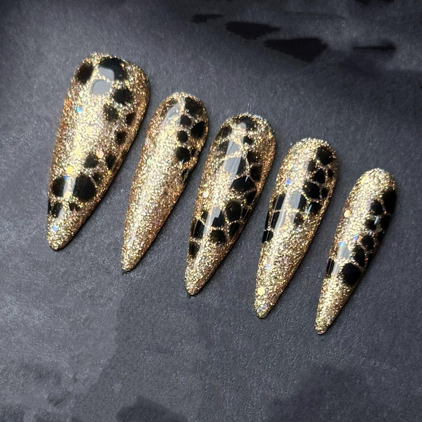 Gold Glitter Leopard Press On Nails with Black Accent Pattern Manicure press on artificial glue on faux reusable trendy nail