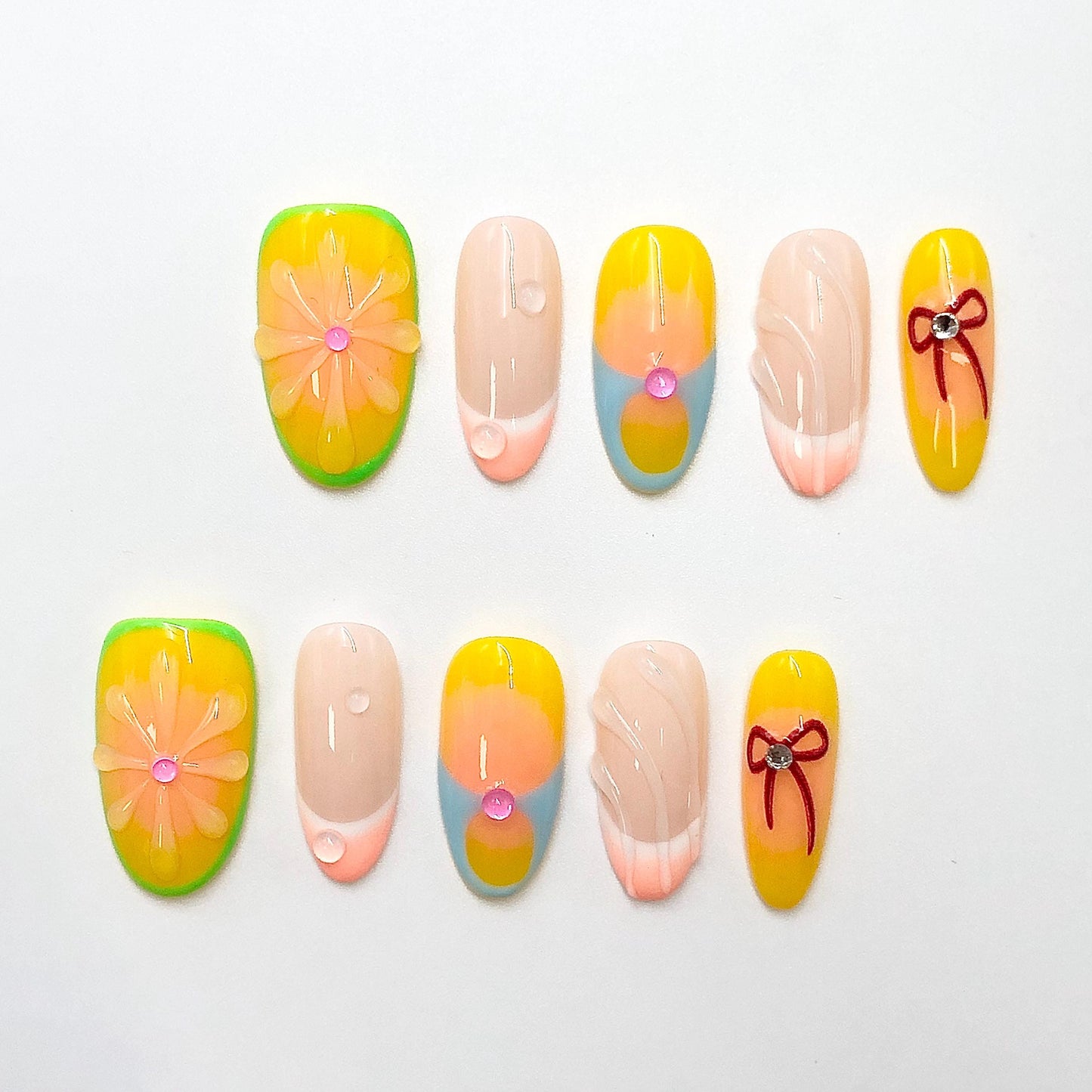 neon flower tropical press on nails summer ombre french tip, bow accent colorful nail art rhinestone vacation festive cute sculpted oval art